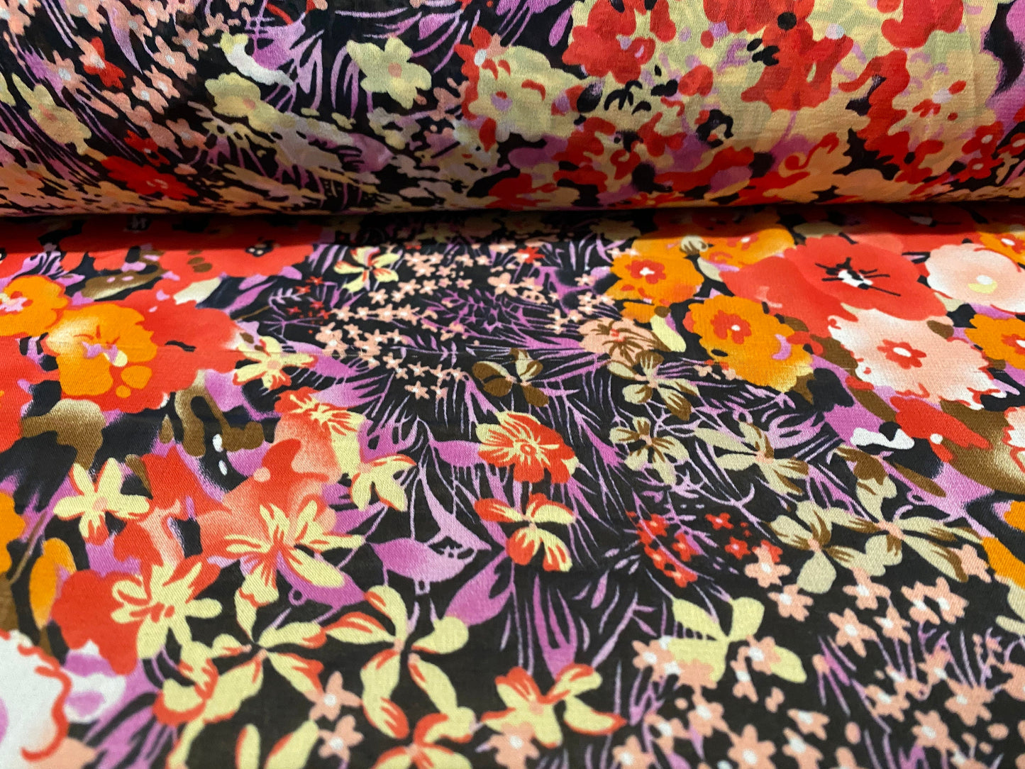 Printed chiffon woven dress blouse fabric, per metre - busy flowers print - purple & Red