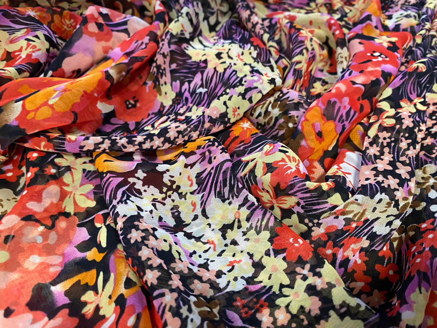 Printed chiffon woven dress blouse fabric, per metre - busy flowers print - purple & Red