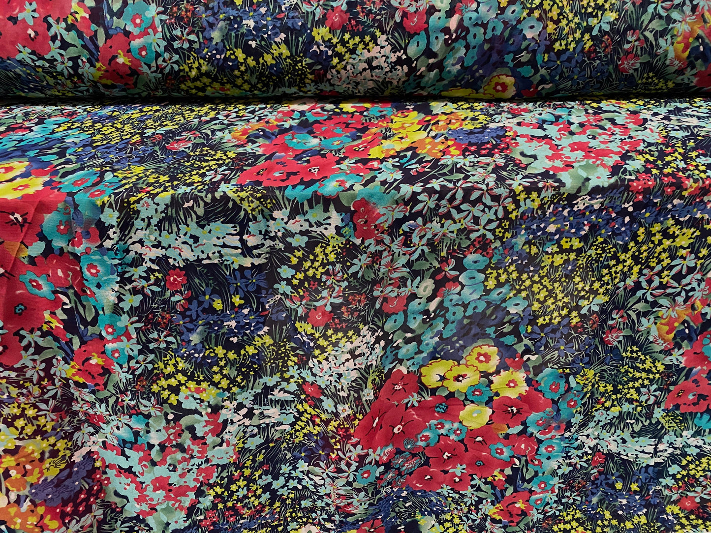 Printed chiffon woven dress blouse fabric, per metre - busy flowers print - turquoise & blue