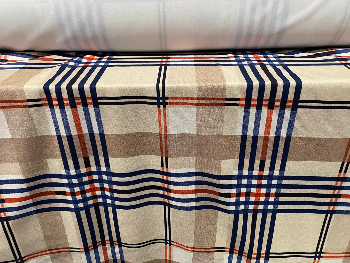 Scuba crepe fabric stretch spandex jersey, per metre - designer check plaid print - Stone orange & blue