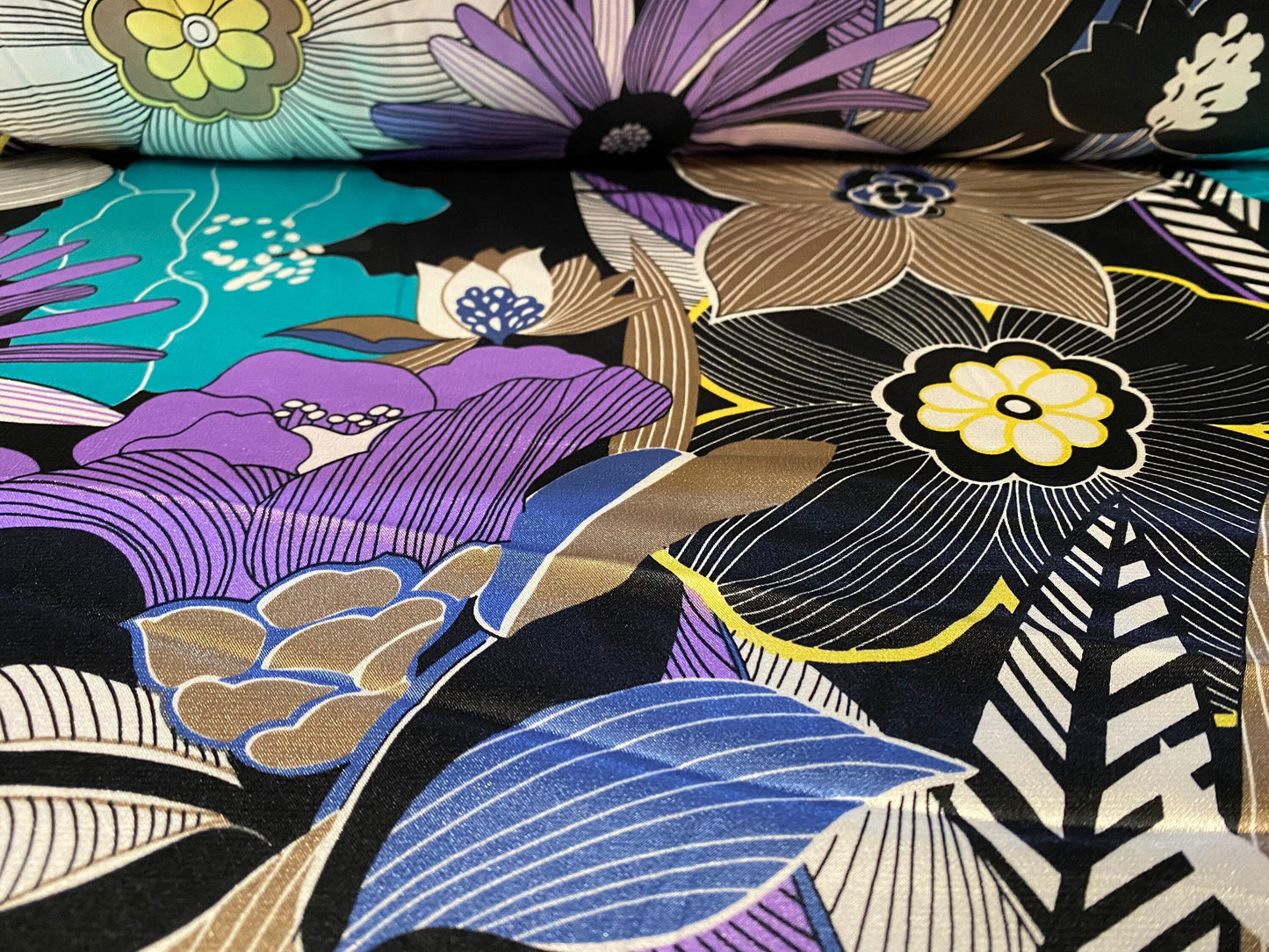 Silky Stretch charmeuse satin dress fabric, per metre - purple & turquoise floral print