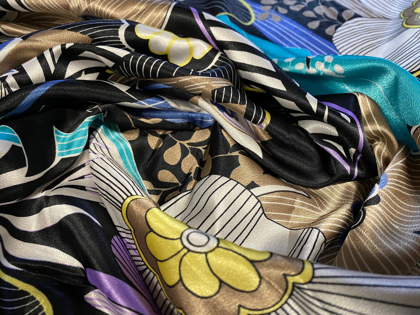 Silky Stretch charmeuse satin dress fabric, per metre - purple & turquoise floral print