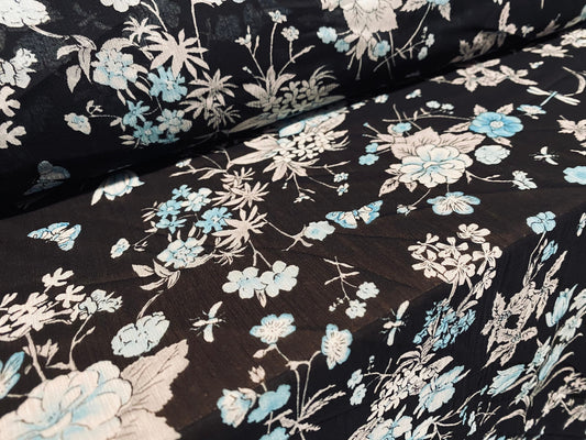 Printed chiffon yoryu dress blouse fabric, per metre - black with small turquoise flower print