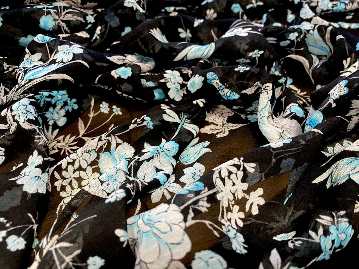 Printed chiffon yoryu dress blouse fabric, per metre - black with small turquoise flower print