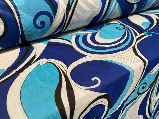 Printed chiffon yoryu dress blouse fabric, per metre - 60s swirl print - Royal blue