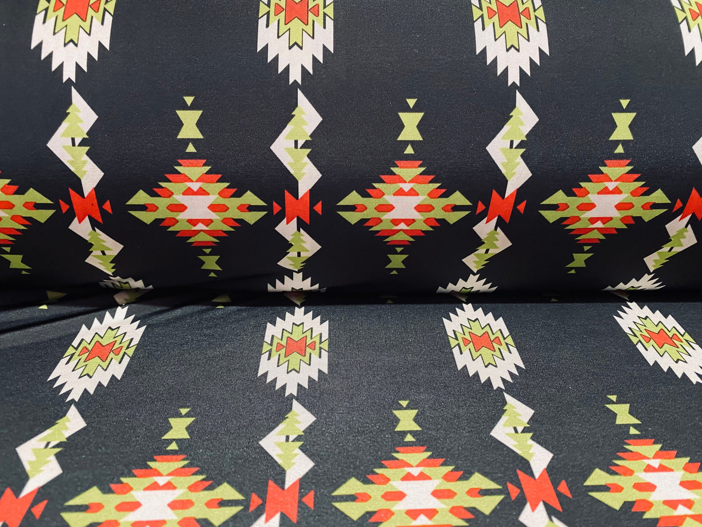 Soft touch stretch spandex jersey fabric, per metre - BLACK Aztec Inca print