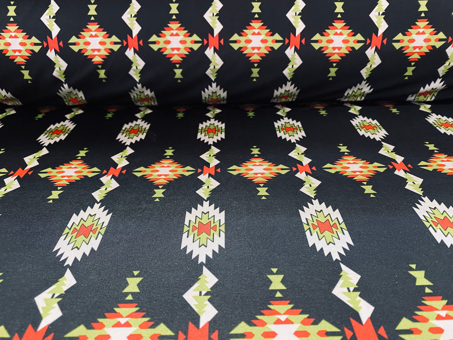 Soft touch stretch spandex jersey fabric, per metre - BLACK Aztec Inca print