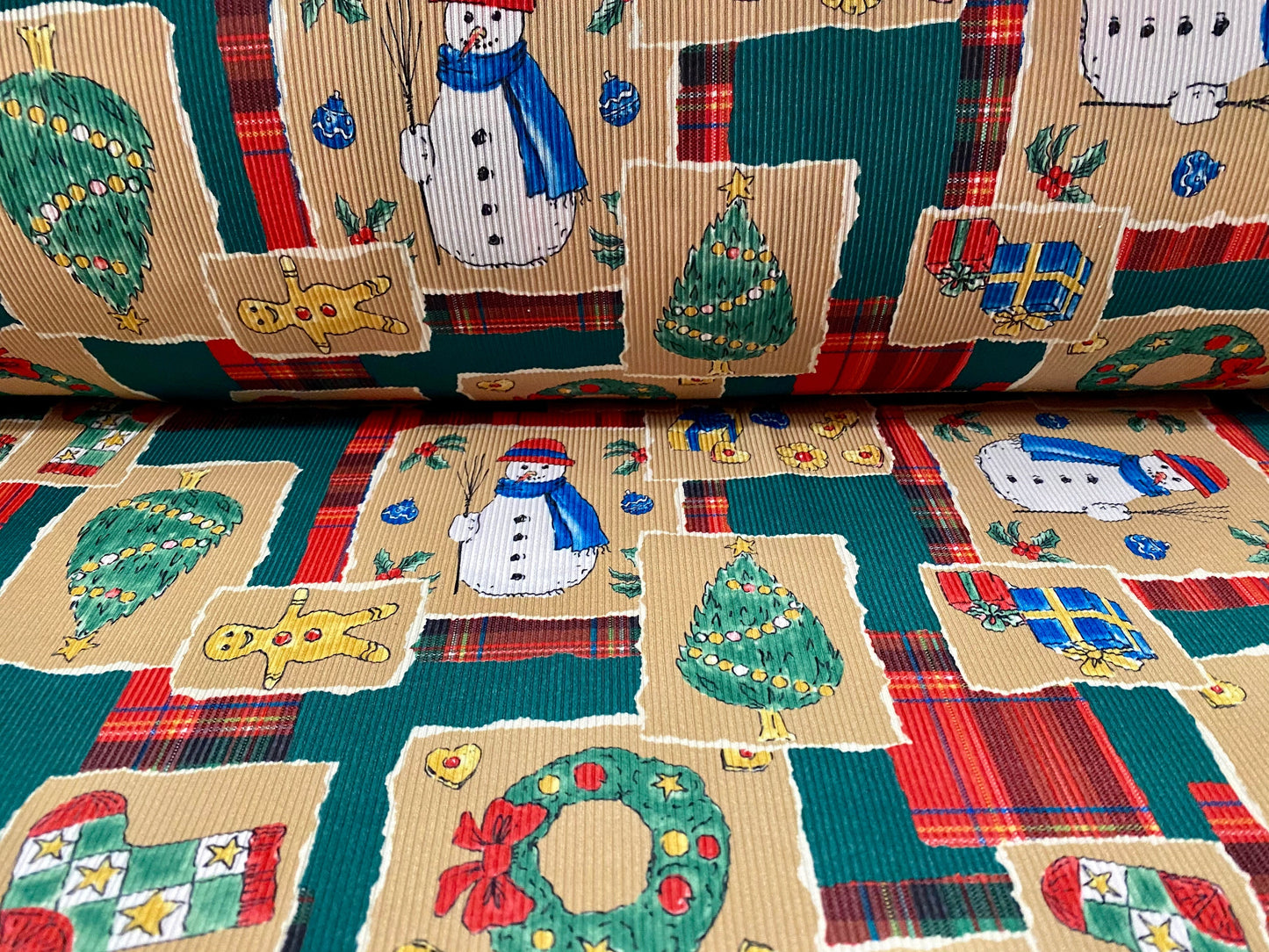 Stretch spandex rib jersey fabric, per metre - Christmas tree & snowman print