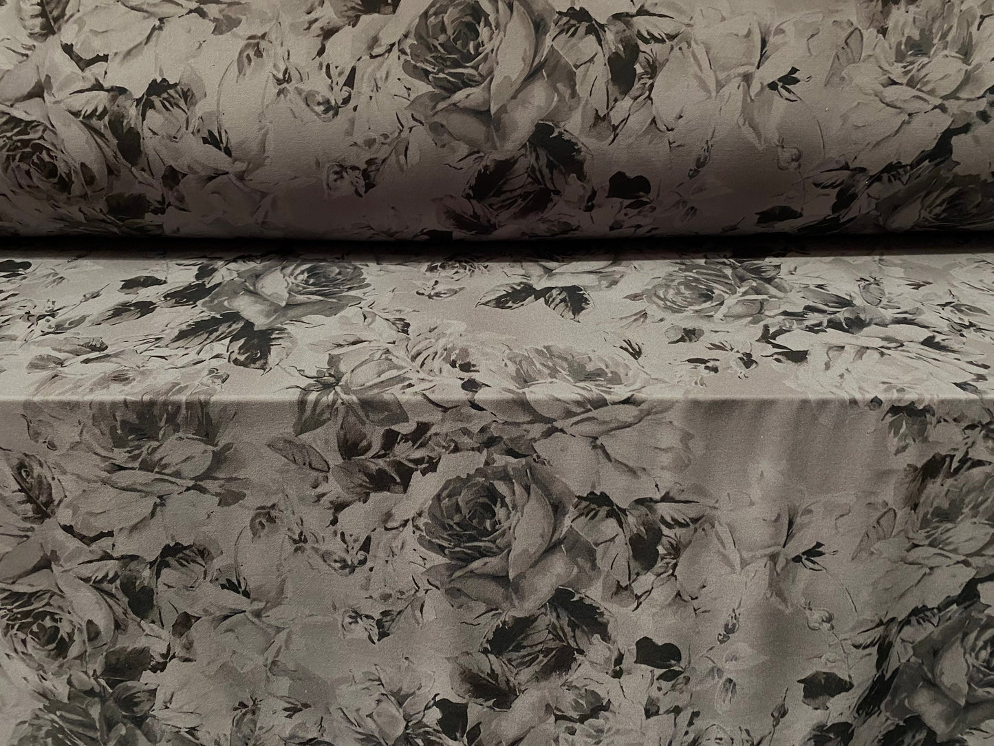 Printed ITY stretch spandex Jersey fabric, per metre - grey rose floral print