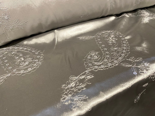 Silky Stretch charmeuse satin dress fabric, per metre - paisley embroidery and sequins - silver