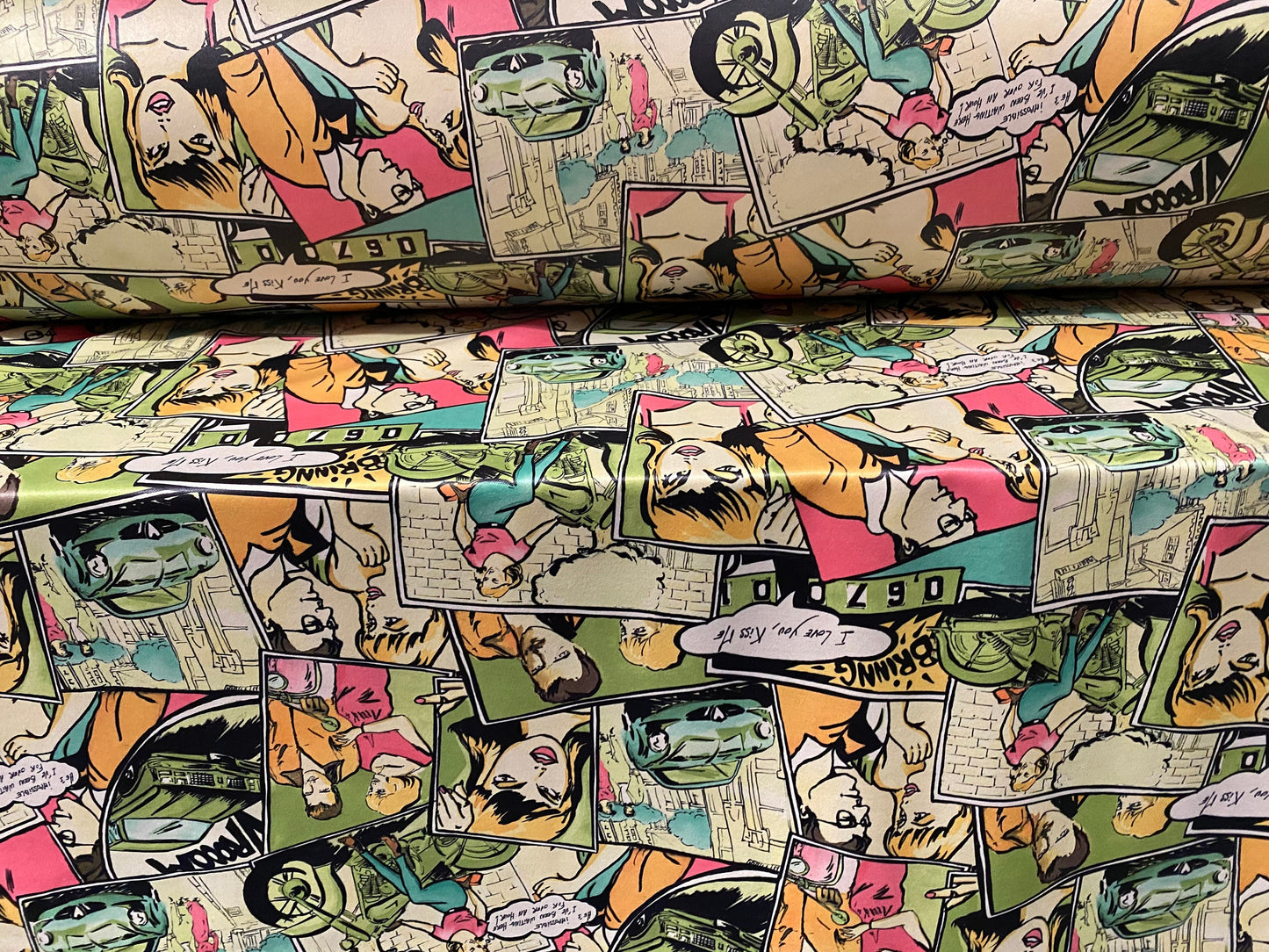 Coated Double jersey stretch spandex fabric, per metre - comic strip cartoon print
