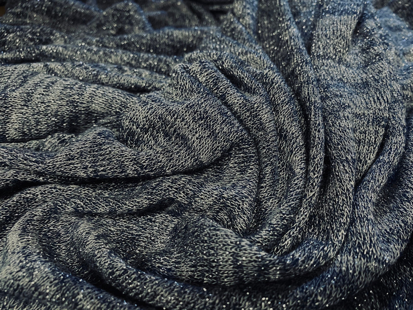 Lurex metallic knitwear Stretch jersey fabric, per metre - denim blue & silver melange