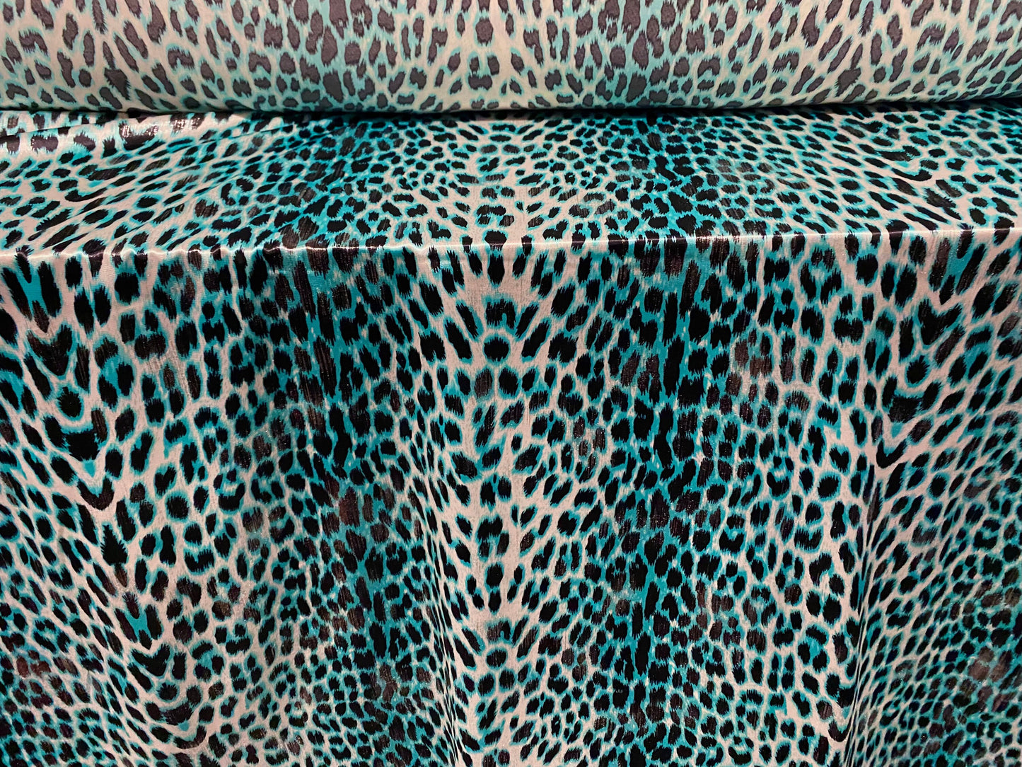 Silky Stretch satin charmeuse dress fabric, per metre - Leopardskin shimmer print - turquoise