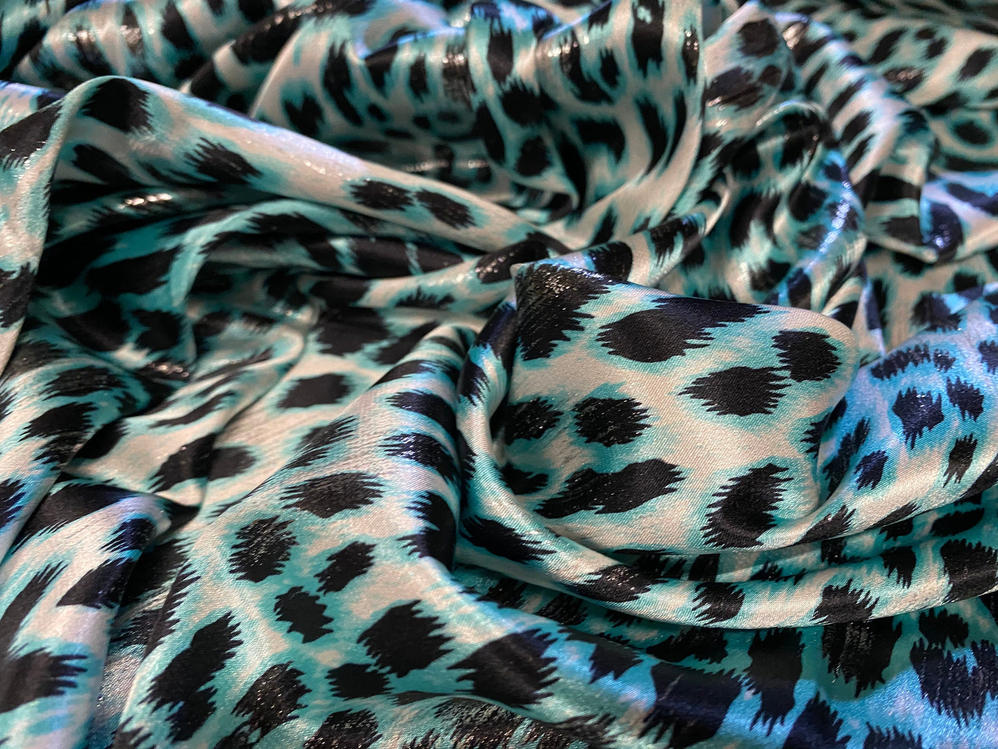 Silky Stretch satin charmeuse dress fabric, per metre - Leopardskin shimmer print - turquoise