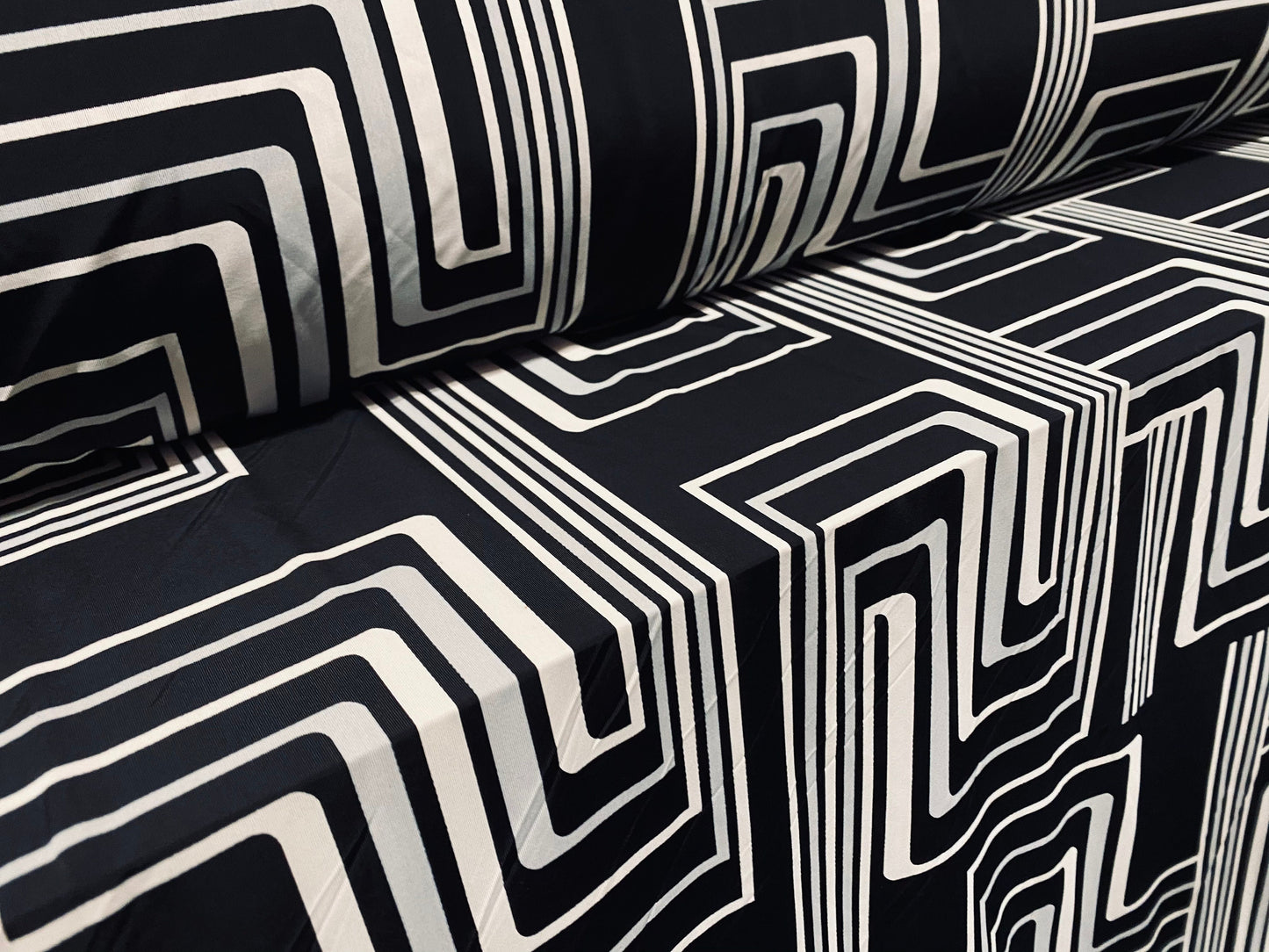 Spandex stretch ITY jersey fabric, per metre - black with black & grey retro geometric print