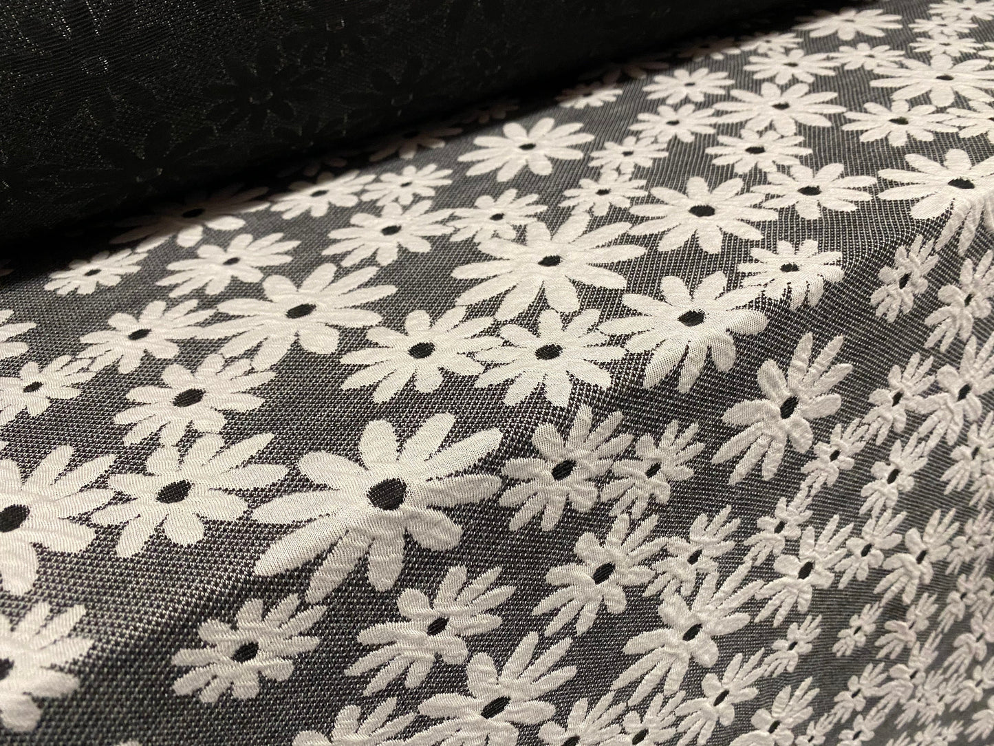 Daisy flower jacquard double jersey stretch fabric, per metre - grey