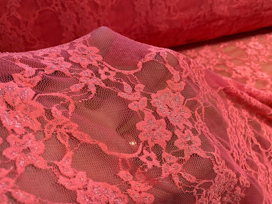 Floral stretch lace net fabric, per metre - coral