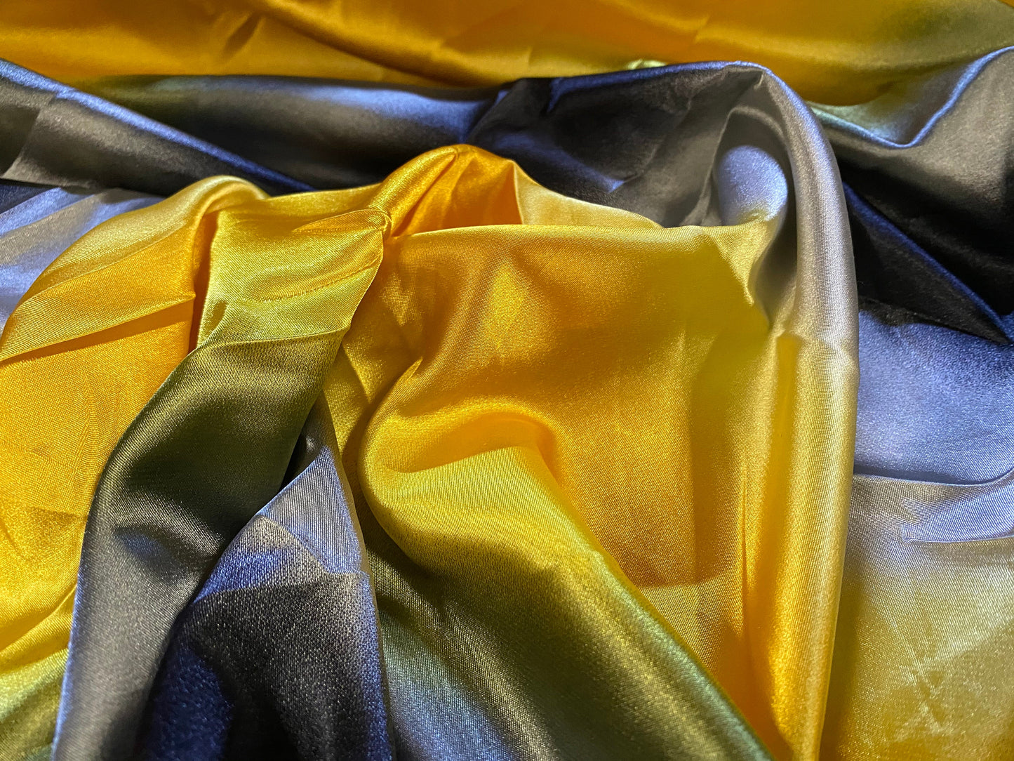 Silky Stretch charmeuse satin dress fabric, per metre - ombré print - yellow & grey