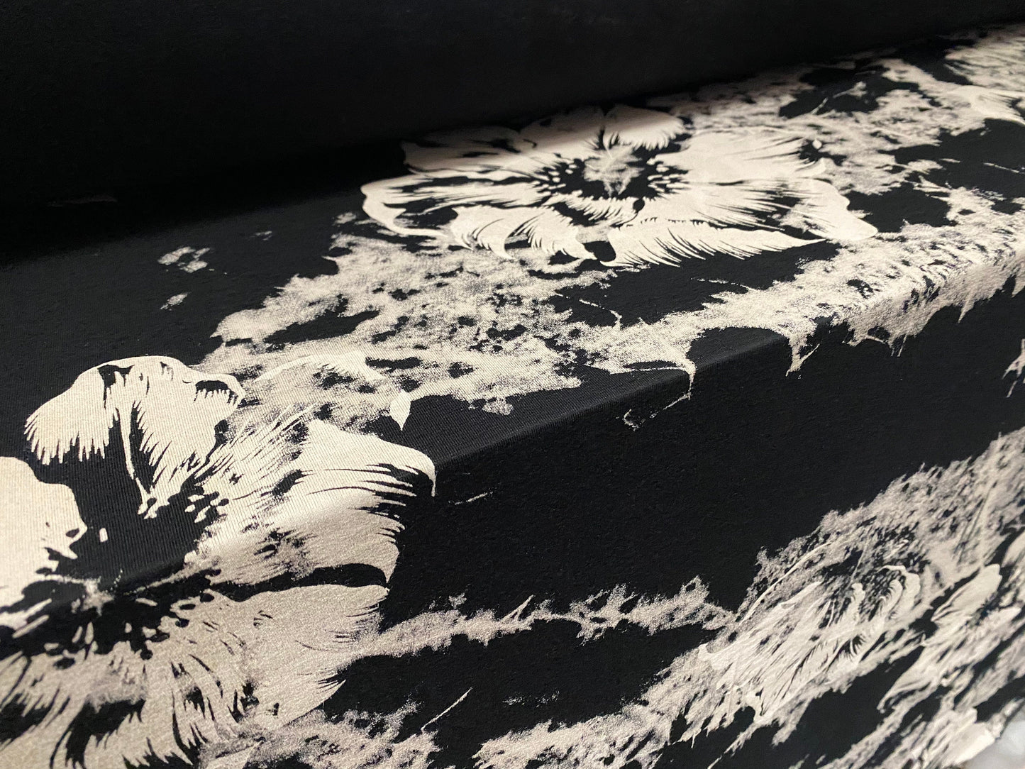 Viscose Elastane stretch jersey fabric, per metre - black with stone flowers and tie dye print