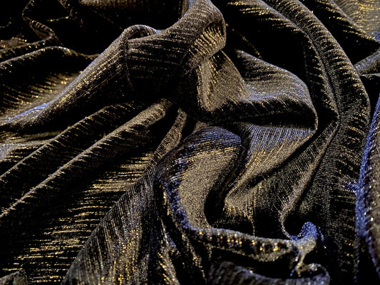 Spandex velvet stretch fabric, per metre - black with gold slub stripe