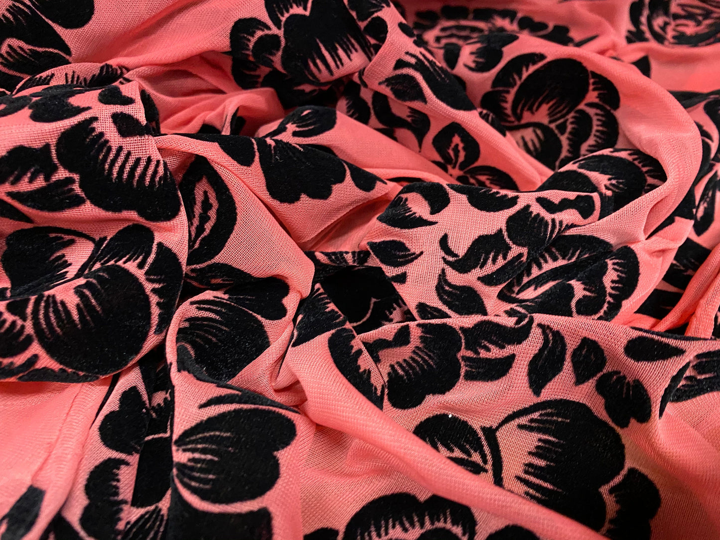 Chiffon jersey mesh net fabric with rose flocked print design, per metre - coral pink