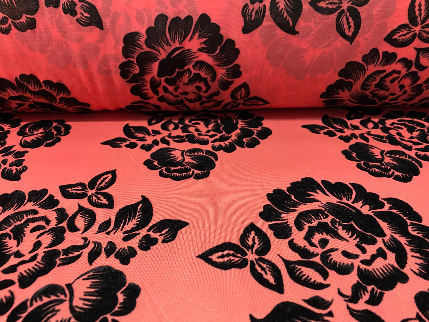 Chiffon jersey mesh net fabric with rose flocked print design, per metre - coral pink