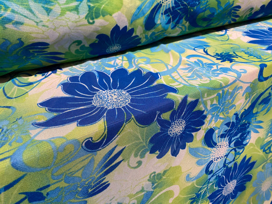 Power mesh net stretch fabric, per metre - Gerbera flower print - blue & green