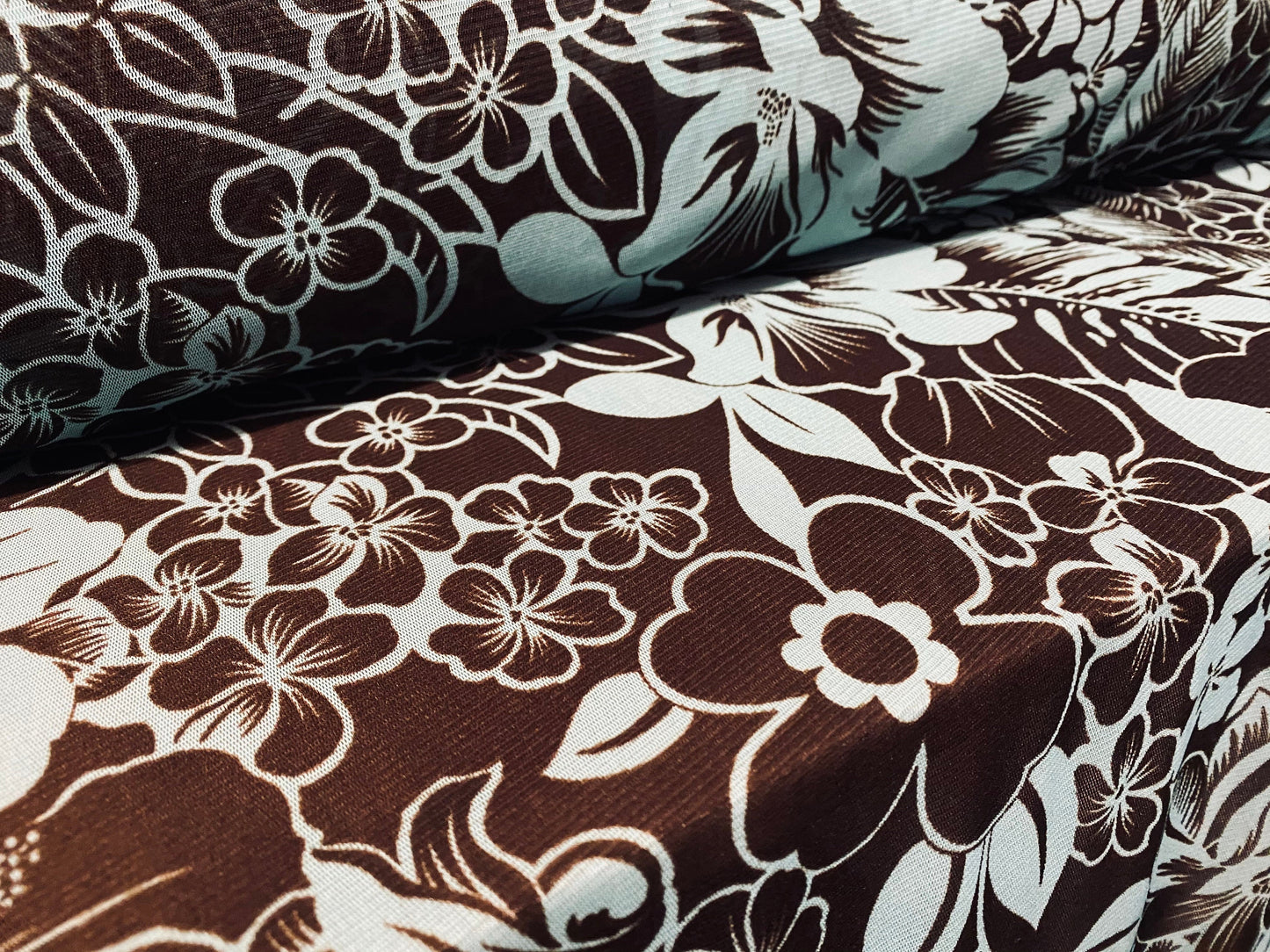 Power mesh net stretch fabric, per metre - floral print - brown & turquoise