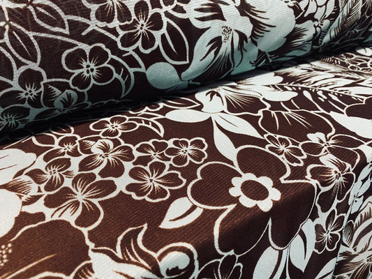 Power mesh net stretch fabric, per metre - floral print - brown & turquoise