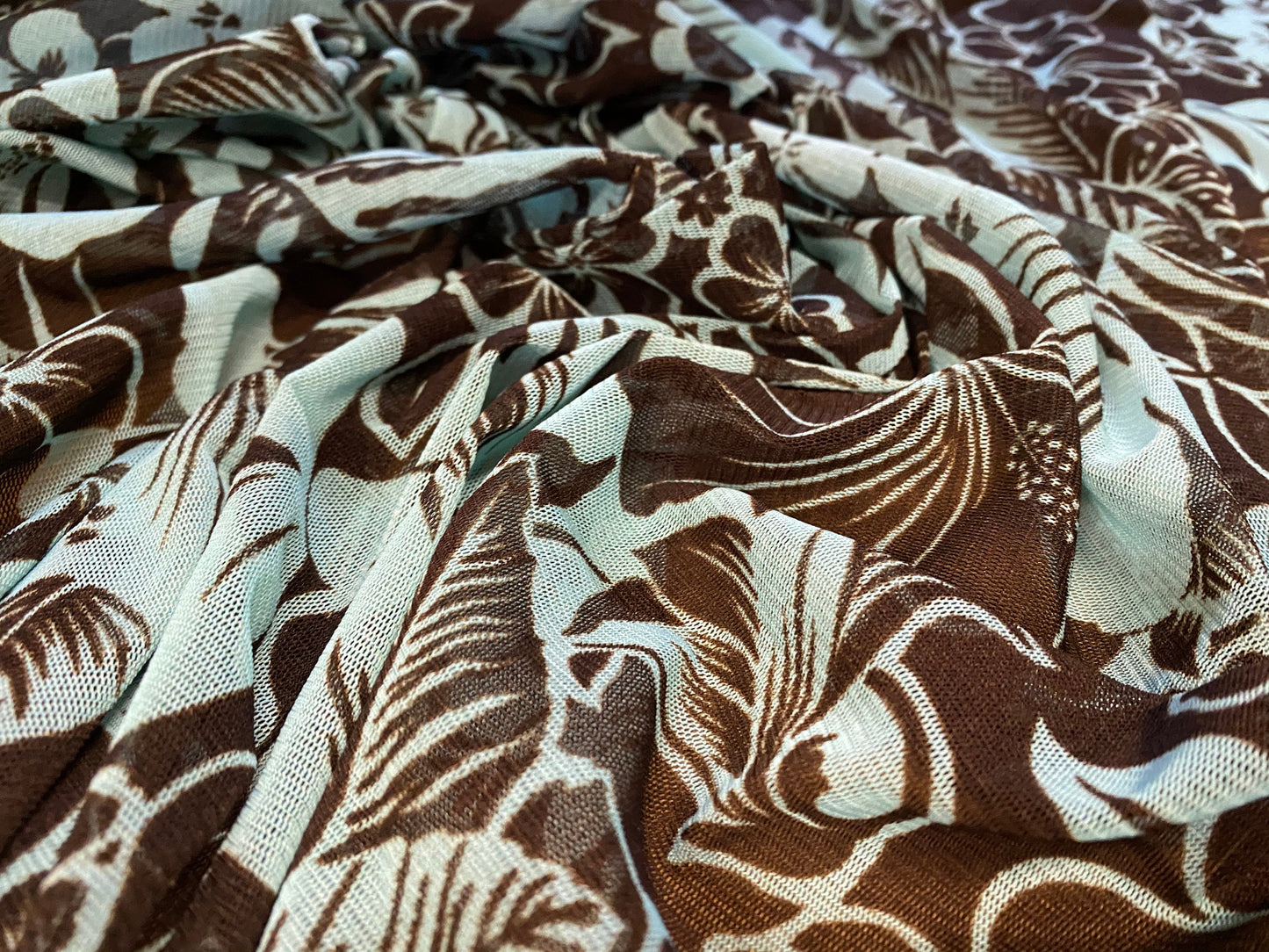 Power mesh net stretch fabric, per metre - floral print - brown & turquoise