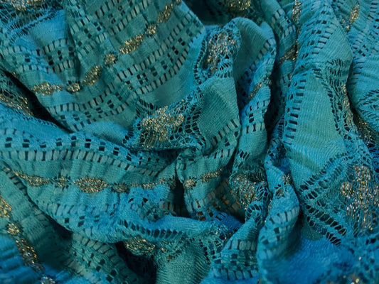 Ruched Aztec Inca design stretch lace fabric with lurex, per metre - dark turquoise & gold