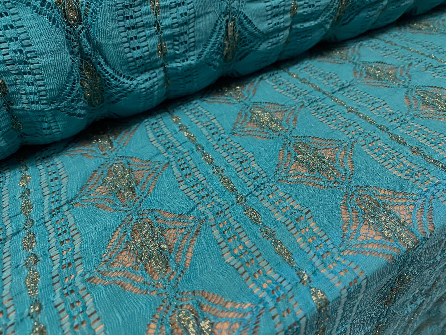 Ruched Aztec Inca design stretch lace fabric with lurex, per metre - dark turquoise & gold