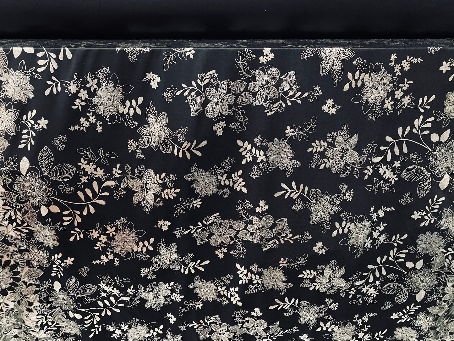 Viscose spandex stretch jersey fabric, per metre - black with silver foil metallic floral print