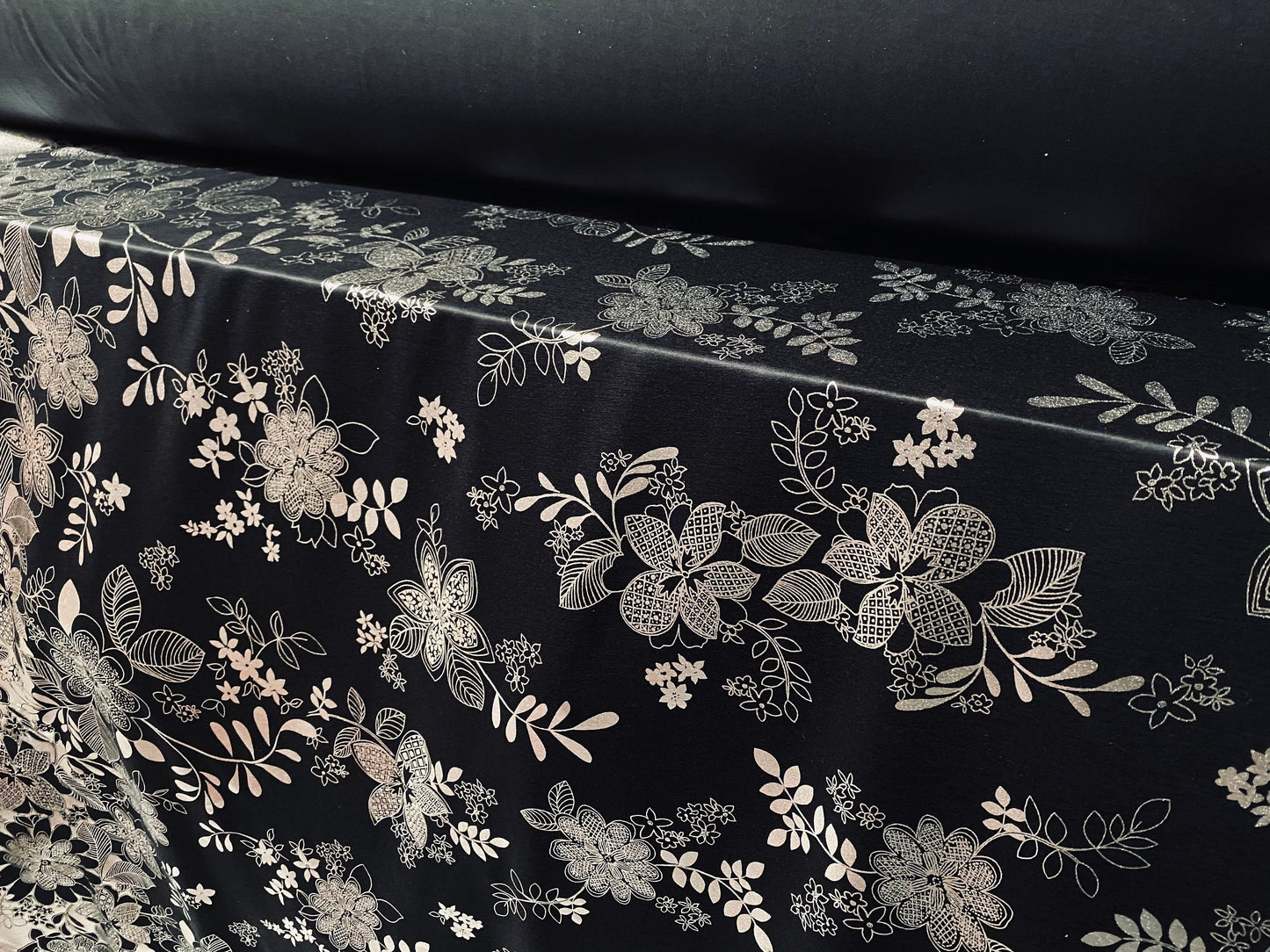 Viscose spandex stretch jersey fabric, per metre - black with silver foil metallic floral print