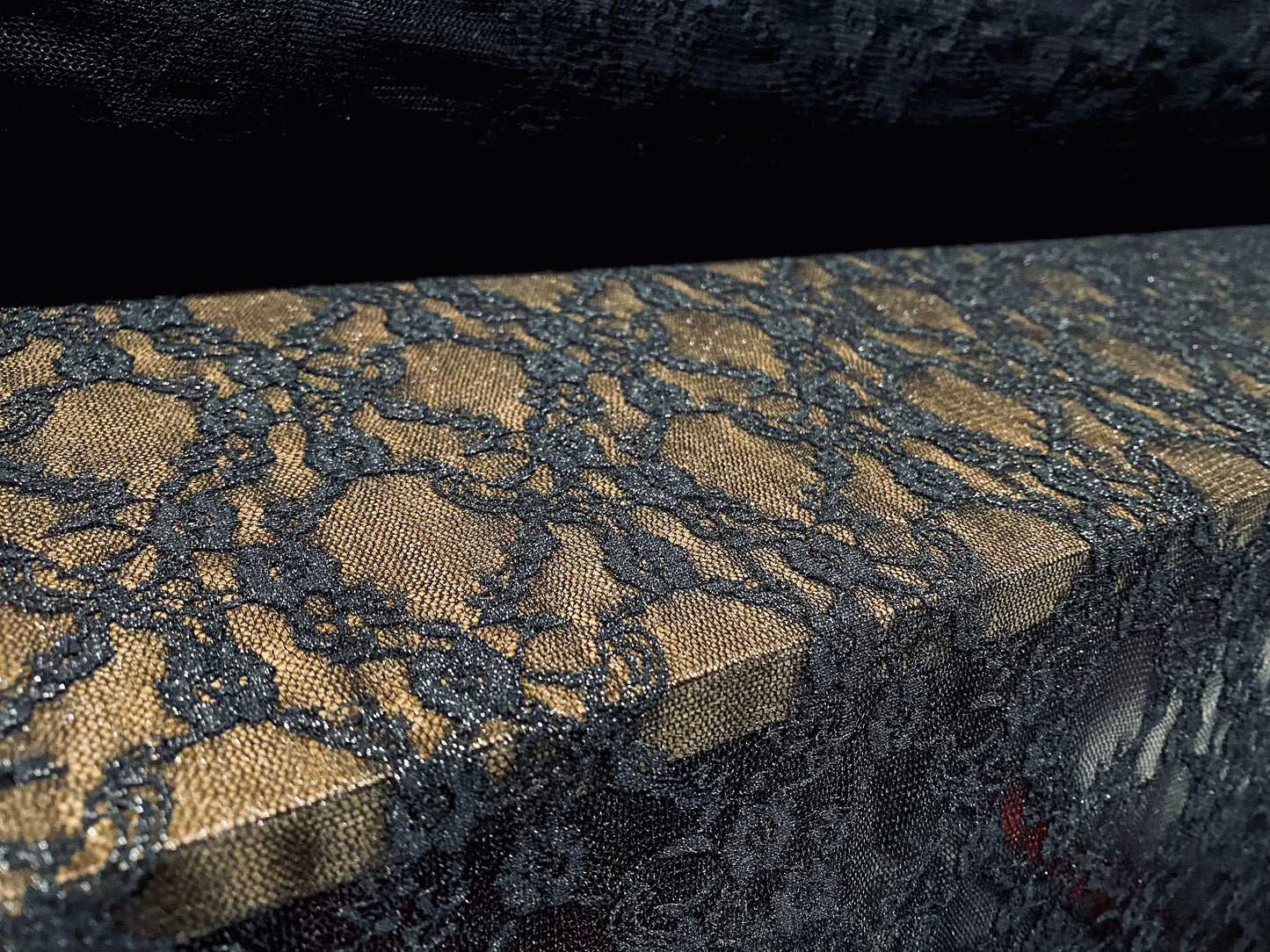 Stretch lace dress fabric, per metre - navy with metallic gold sparkle Rose design