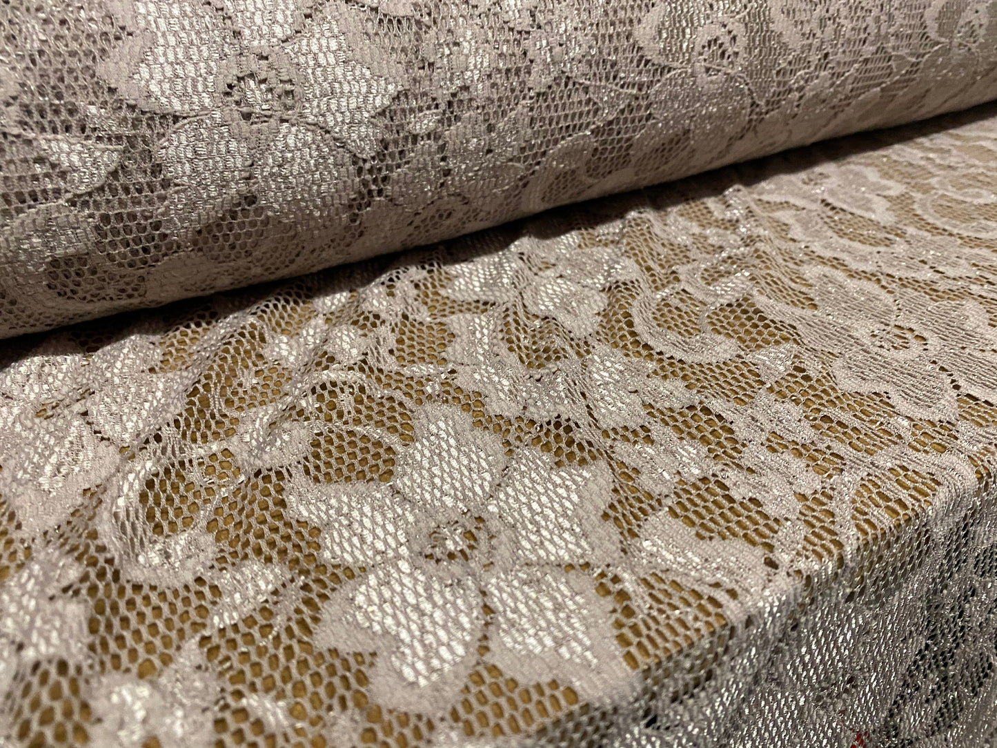 Stretch lace dress fabric, per metre - flower design - latte