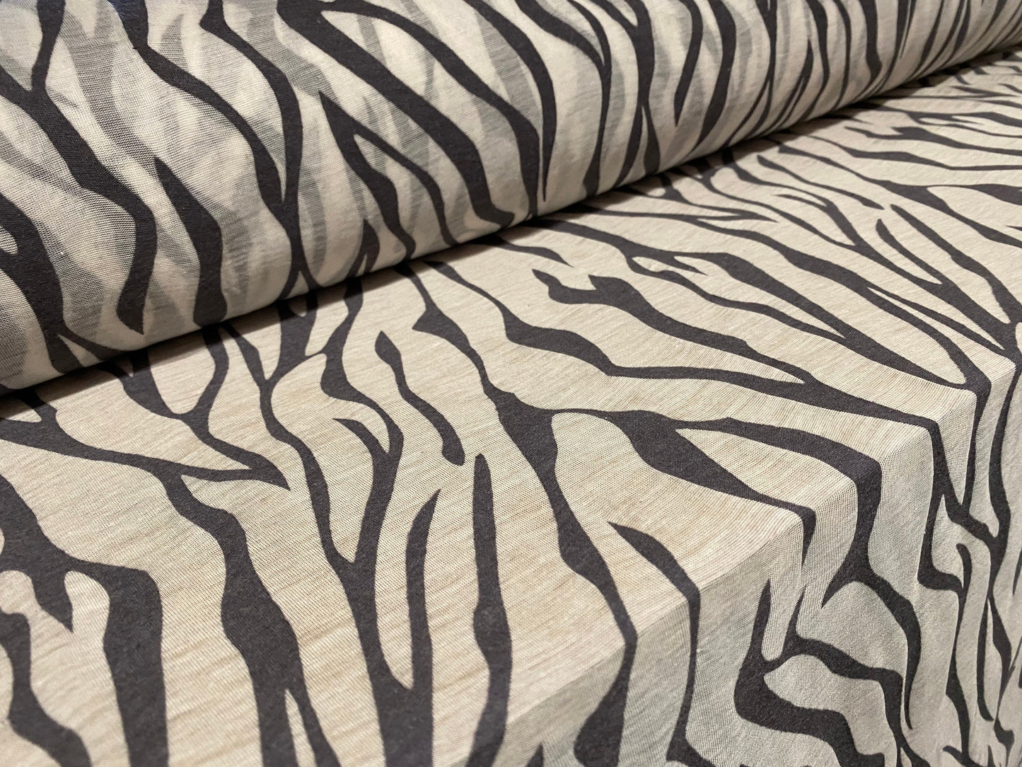 Cotton blend zebra print devoré burnout single jersey fabric, per metre - grey & white