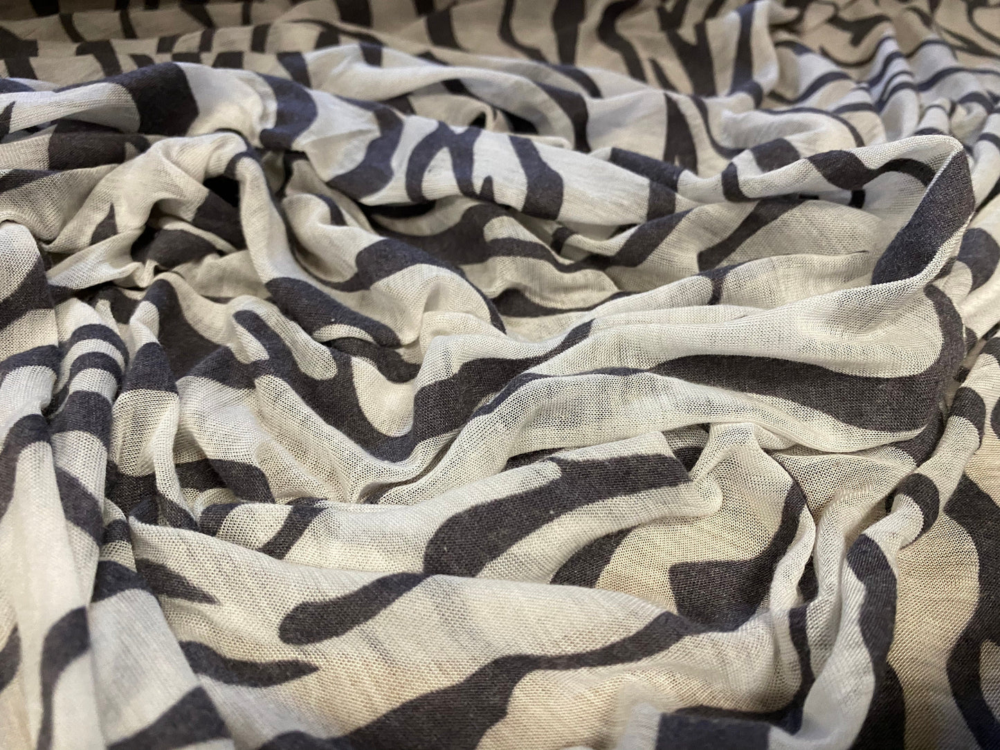 Cotton blend zebra print devoré burnout single jersey fabric, per metre - grey & white