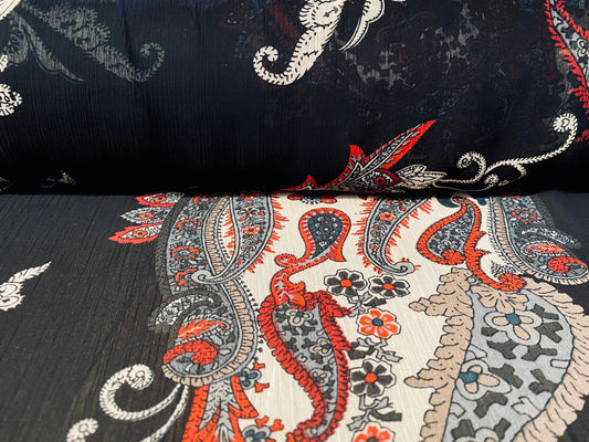 Printed chiffon yoryu dress blouse fabric, per metre - paisley print - black & Red