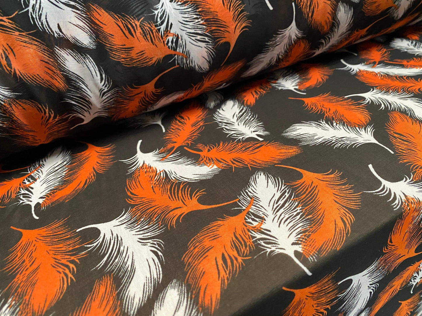 Chiffon jersey dress blouse fabric, per metre - feathers print - black & Orange