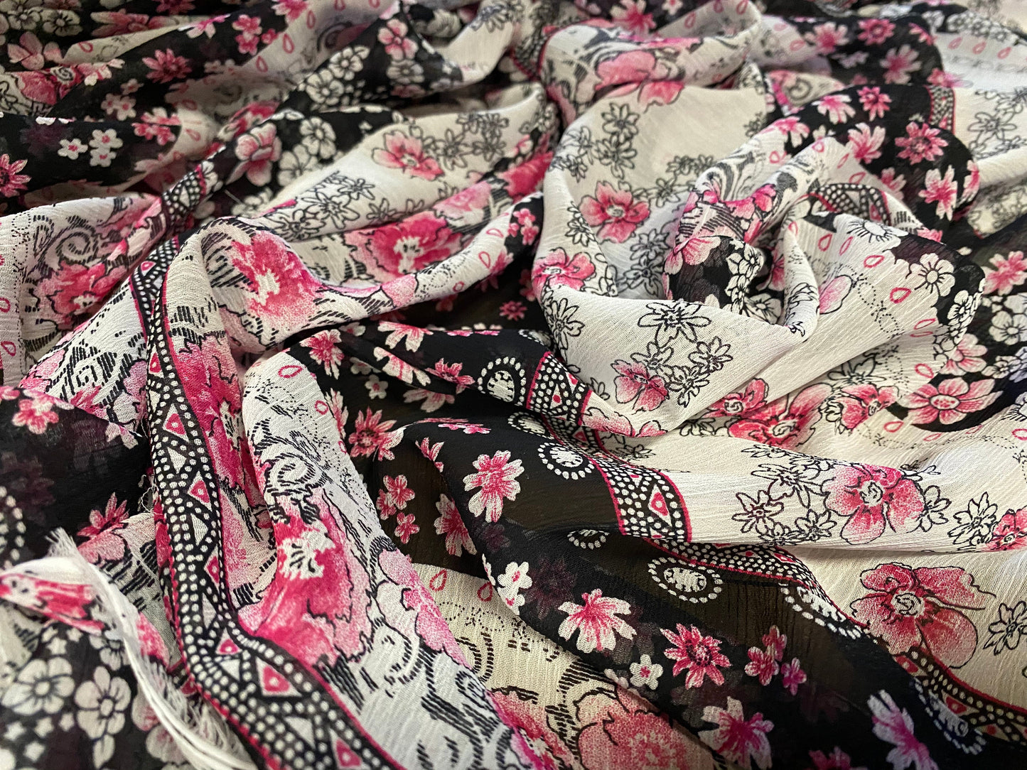 Printed chiffon yoryu dress blouse fabric, per metre - floral stripe print - pink & black