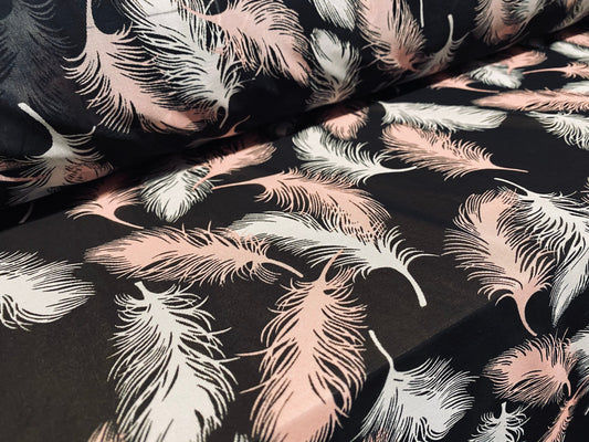 Chiffon jersey dress blouse fabric, per metre - feathers print - black & pink