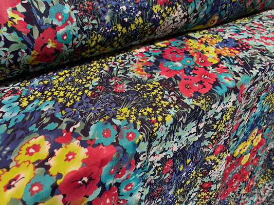 Printed chiffon woven dress blouse fabric, per metre - busy flowers print - turquoise & blue