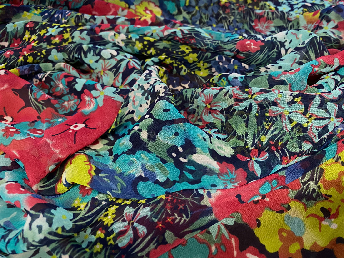 Printed chiffon woven dress blouse fabric, per metre - busy flowers print - turquoise & blue