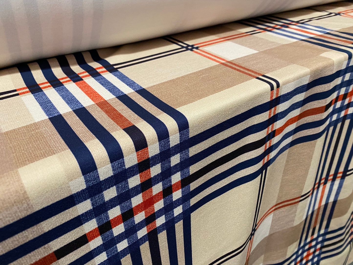Scuba crepe fabric stretch spandex jersey, per metre - designer check plaid print - Stone orange & blue