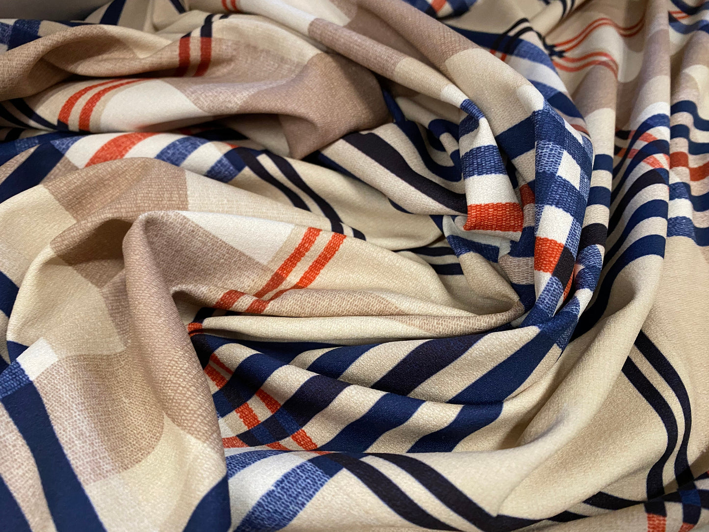 Scuba crepe fabric stretch spandex jersey, per metre - designer check plaid print - Stone orange & blue
