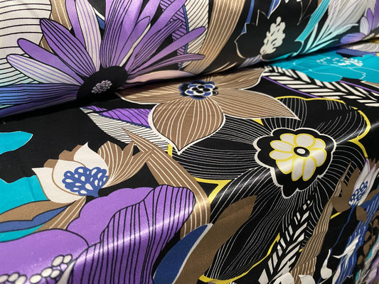 Silky Stretch charmeuse satin dress fabric, per metre - purple & turquoise floral print