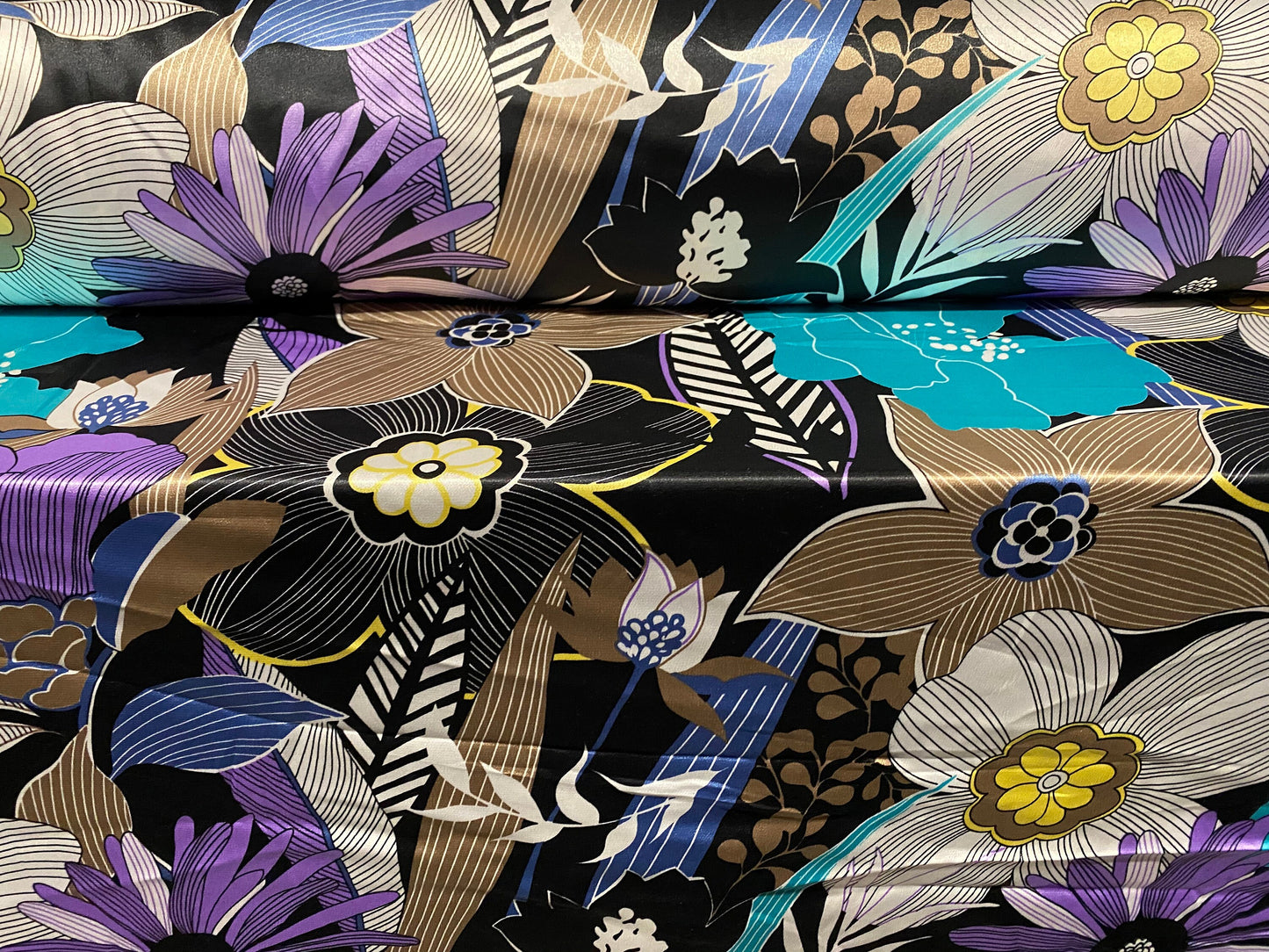 Silky Stretch charmeuse satin dress fabric, per metre - purple & turquoise floral print