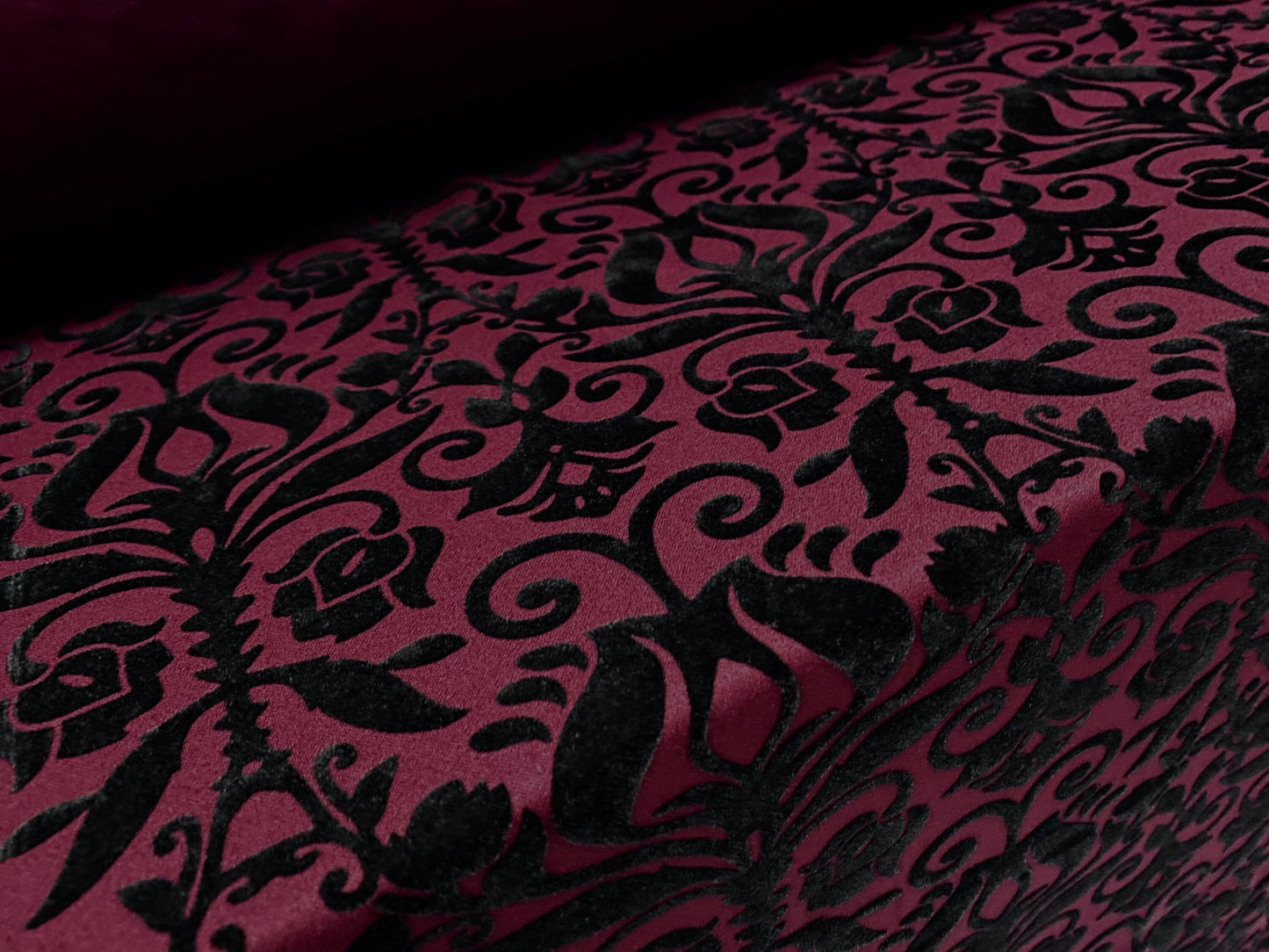 Scuba neoprene stretch double jersey fabric, per metre - Flocked fleur de lys print - burgundy & black