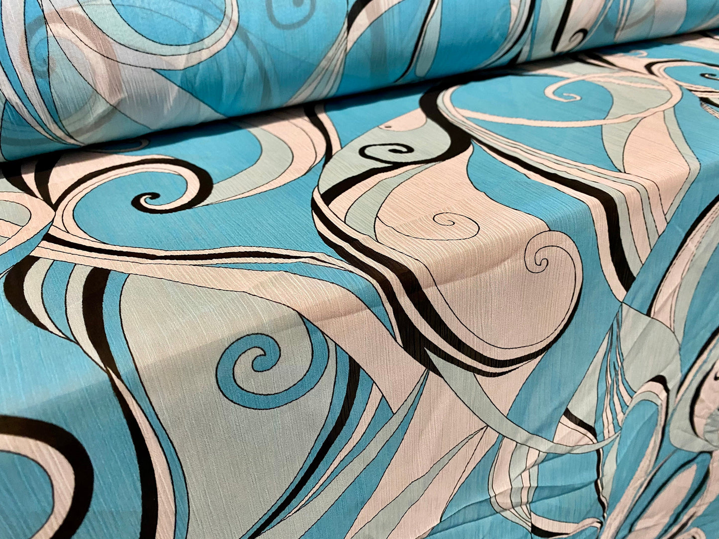 Printed chiffon yoryu dress blouse fabric, per metre - 60s swirl print - Sky blue